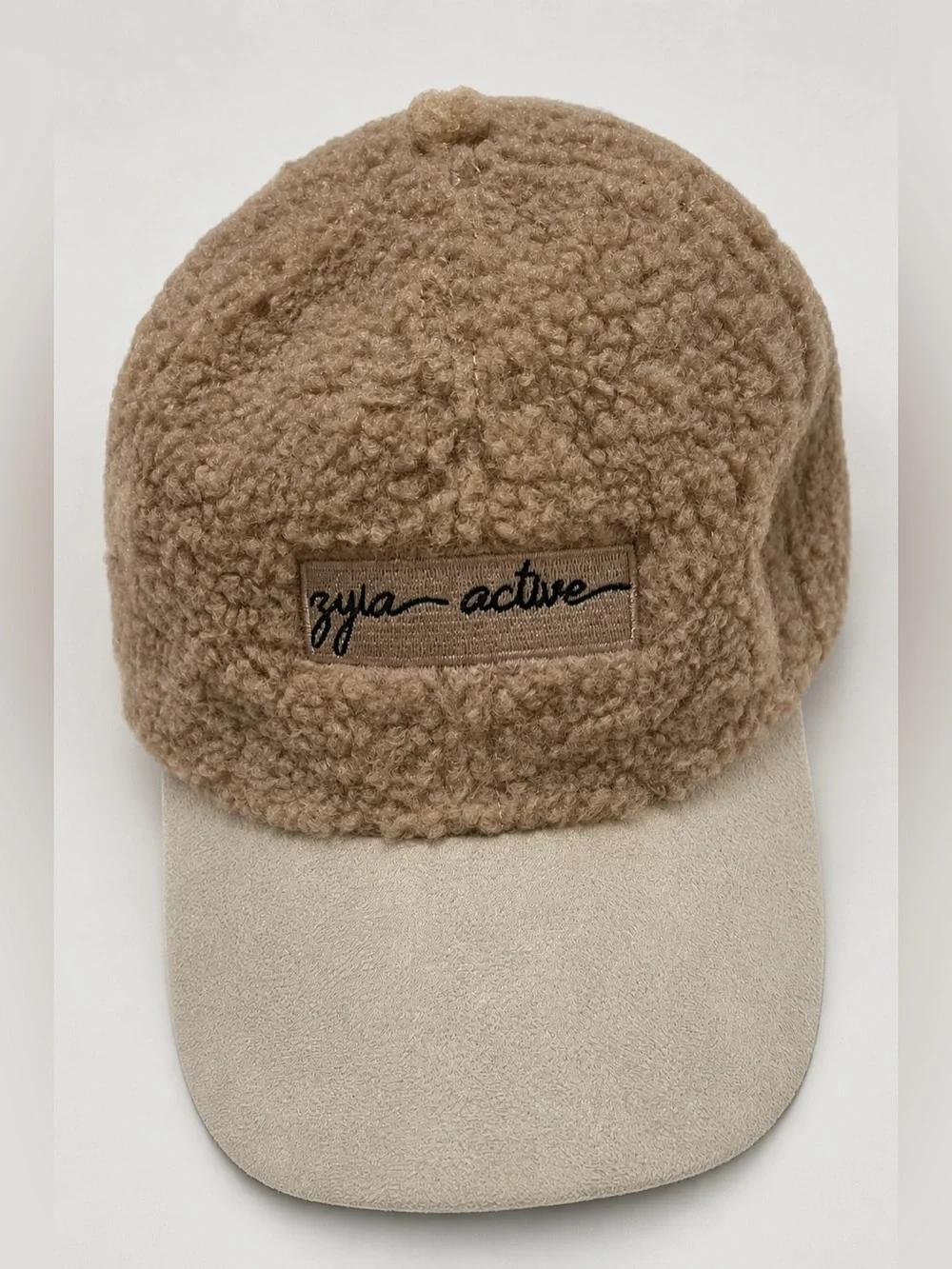 ZYIA Active Tan Sherpa Hat with Cream Brim